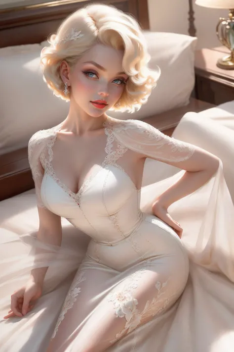 (Masterpiece - Ultra-Detailed, High Resolution) Prepare to be enchanted by a true masterpiece that combines ultra-detailed art with high-resolution rendering. This work shows a mesmerizing woman, with short, light blonde hair, 1950s style, Marilyn Monroe (...