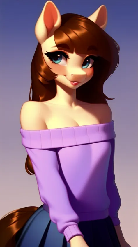 (score_9), (source_ derpibooru_p_95), (earth pony), ((anthro oc pony:1.1)), (shoulderless sweater, cute skirt), adorasexy, blushing, cute smile, solo, realistic long brown hair, bangs, petite body, anatomically correct, flat chest, solo, cute, high res, bo...