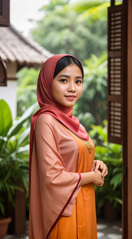 typical Malay girl with a natural skin tone, no make up, bare face, embodying the essence of a malay setting, potray her as a common malay malay girl. Wearing shawl and traditional Malay clothes. ultra sharp focus, realistic shot, tetradic colors.