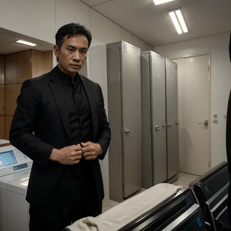 best quality, masterpiece, highres, wuxia 1 malay man 43 years old, very short hair, lean tough body, wearing black suit, standing in front his (Laundry Office)