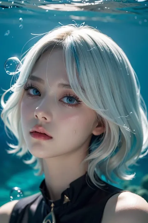 masterpiece, best quality, 1girl, furina, gens hin impact, white hair, blue hair, cute, tear s haped pupils, sad, cry, underwater, bubble s, sea, submerged, abandoned city