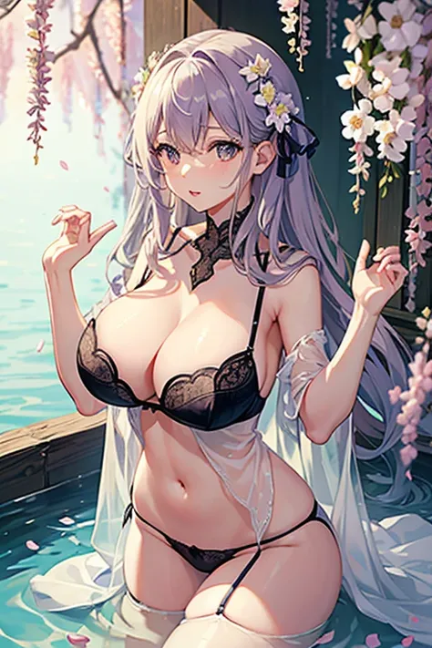 Flowers bloom by the water、weeping cherry blossoms、wisteria flowers、water reflection!!!!!、sheer lingerieを着てポーズをとるアラフィフの女性写真、See-through lingerie beauty、Intricate and detailed lace set、Wearing sexy see-through lingerie、garter belt、push up underwire。complex,...