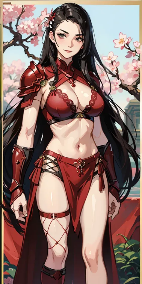 (masterpiece), best quality, expressive eyes, perfect face, ((crimson armor)), black hair, closed smile, athletic body, slim figure, lace bikini, pelvic curtain, exposed midriff, large breasts, cleavage, ((fishnets)), watercolor, sakura blossom background