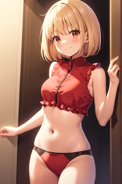 Chisato, 1girl in, Bangs, Indoor, Short hair, Smile, Solo, Standing, Sexy Pose, red bra with frills,red panties with frills, Lilcoli Ricoil