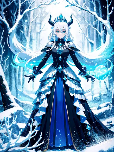 (fullbodyview:1.4), whilst exploring a snow covered forest, you are blocked by a Tall, cute, hot, sexy, young queen, with white hair and small white horns, black eyes,heterochromia,cyan eyes that ice magic pours out of, a white goat tail, wearing black met...