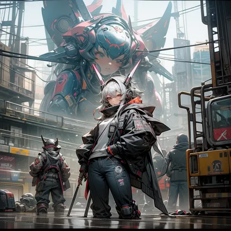 Chica de anime en pantalones cortos y chaqueta de pie junto a un robot gigante, obra de arte al estilo de guweiz, chica anime cyberpunk mech, tendencia en cgstation, guweiz, por Russell Dongjun Lu, arte digital del anime cyberpunk, ross tran 8k, guweiz en ...