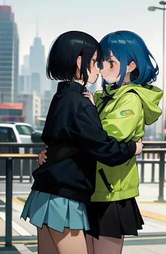 masterpiece, highest quality, disorganized, perfect anatomy, two girls, Face to face and hug, shrug (clothing), long sleeve, mini skirt, Are standing, city, outdoor, cowboy shot, smile, blue hair and black hair，