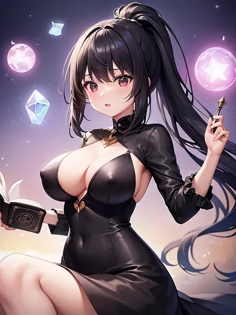 (((masterpiece、highest quality、)))1 female、 Married woman、woman black hair ponytail long、black eye、big breast nipples、jet black dress、magician、magicianローブ、magic wand、spell book、Noble rooms