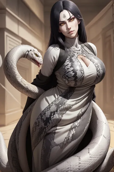 {-erro_de_anatomia:1.0} estilo anime, Masterpiece, absurdities, Orochimaru(Naruto), 1girl Solo, Mature woman, Oversized shirt with broad shoulders, Perfect composition, Detailed lips, large breasts, Beautiful face, body proportion, Blush, Long black hair, ...