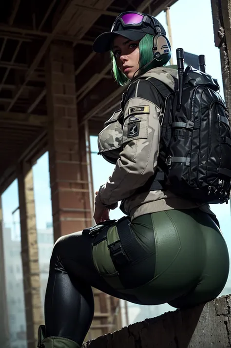 8k portrait of ela (rainbow six siege)
, camouflage, solo, green hair, backpack, boots, hat, goggles, goggles on headwear, pants...