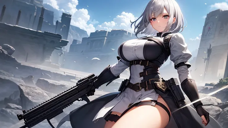 super high quality, girl, とてもshort hair, long bangs between the eyes, very detailed,(masterpiece、highest quality)、alone、dark gray, silver hair, gray eyes, beautiful eyes,、short hair,blue sky , sunlight,fantasylandscape,In combat、have a weapon、Huge rifle