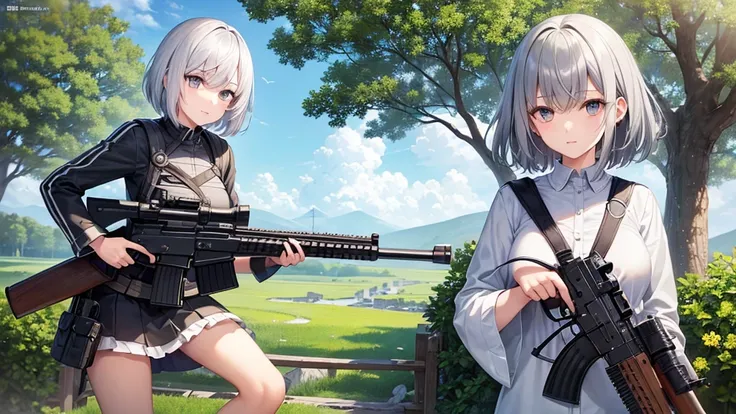 super high quality, girl, とてもshort hair, long bangs between the eyes, very detailed,(masterpiece、highest quality)、alone、dark gray, silver hair, gray eyes, beautiful eyes,、short hair,blue sky , sunlight,fantasylandscape,In combat、Huge rifle