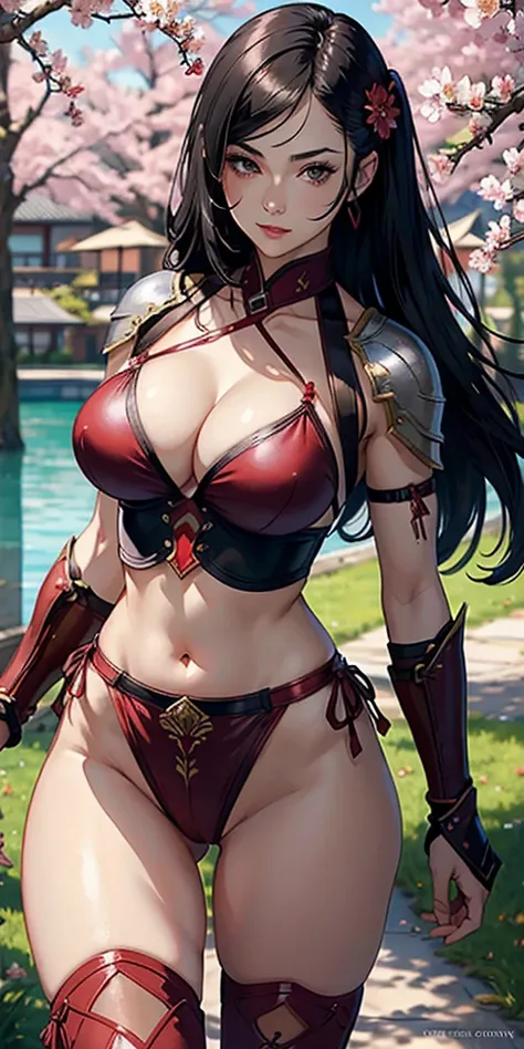 (masterpiece), best quality, expressive eyes, perfect face, ((crimson armor)), black hair, closed smile, athletic body, slim figure, lace bikini, pelvic curtain, exposed midriff, large breasts, cleavage, ((fishnets)), watercolor, sakura blossom background,...