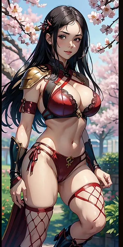 (masterpiece), best quality, expressive eyes, perfect face, ((crimson armor)), black hair, closed smile, athletic body, slim figure, lace bikini, pelvic curtain, exposed midriff, large breasts, cleavage, ((fishnets)), watercolor, sakura blossom background,...