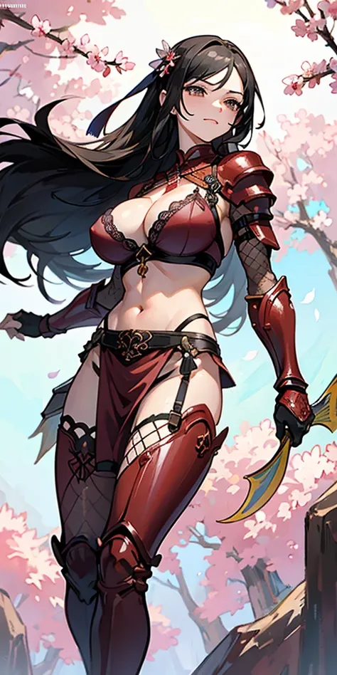 (masterpiece), best quality, expressive eyes, perfect face, ((crimson armor)), black hair, closed smile, athletic body, slim figure, lace bikini, pelvic curtain, exposed midriff, large breasts, cleavage, ((fishnets)), watercolor, sakura blossom background,...