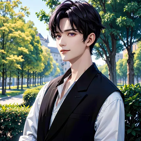 1 boy, solo, short hair, black hair, asymmetrical fringe, purple eyes, (mature male, mature:1.2), (pixiv:1.4), handsome, sharp eyes, male focus, high quality, masterpiece, black top, park, trees, dappled sunlight, smile