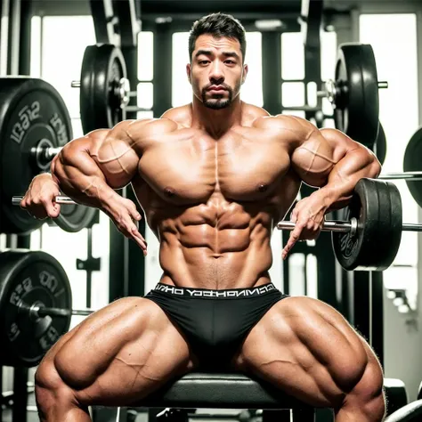 Arafed bodybuilder with barbell and gym, big arms, steroids, huge muscles, wrinkles and muscles, big muscles, proportionally huge arms, big muscles, huge muscles, extreme muscles, big biceps, big muscles, very muscular, muscular, muscular, tremendously hug...