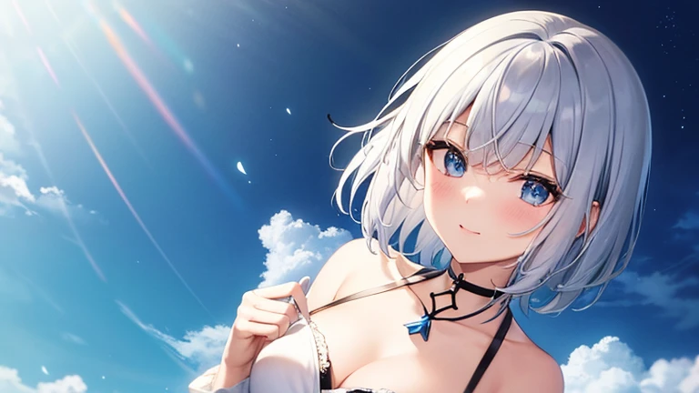 super high quality, with a girl, 20-year-old, とてもshort hair, long bangs between the eyes, pale blue eyes , blue sky, sunlight, very detailed,(masterpiece、highest quality)、alone、gray hair、laughter、White skin as clear as snow、fantasy, silver hair, black eye,...