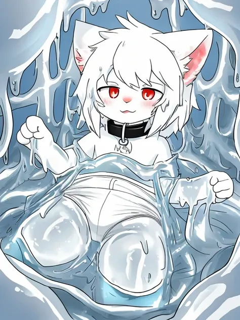 A male white cat wearing a diaper，Dive into the silver slime，into the slime，（（Thighs covered with silver slime）），Slime，The collar falls on the white cat&#39;Body，red pupils，cat ears，cat nose