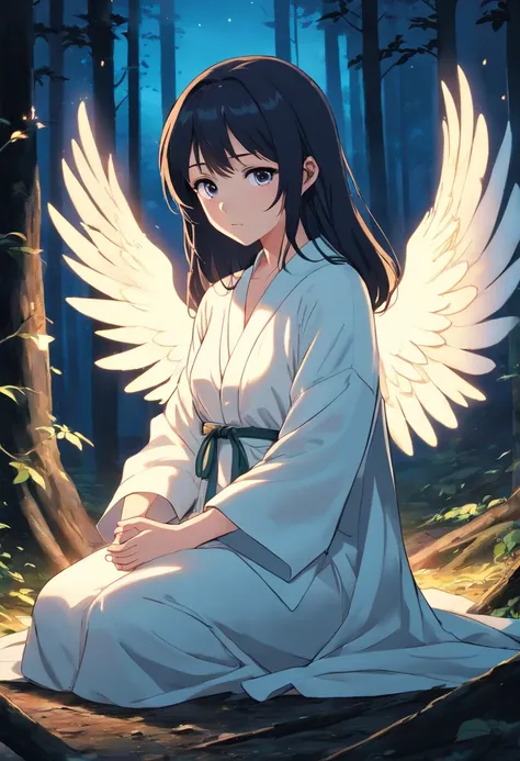 A fallen angel, beautiful pale skin, jet black long straight hair, sad expression, sitting in the dark woods at night, wearing a white robe, glowing, anime. 