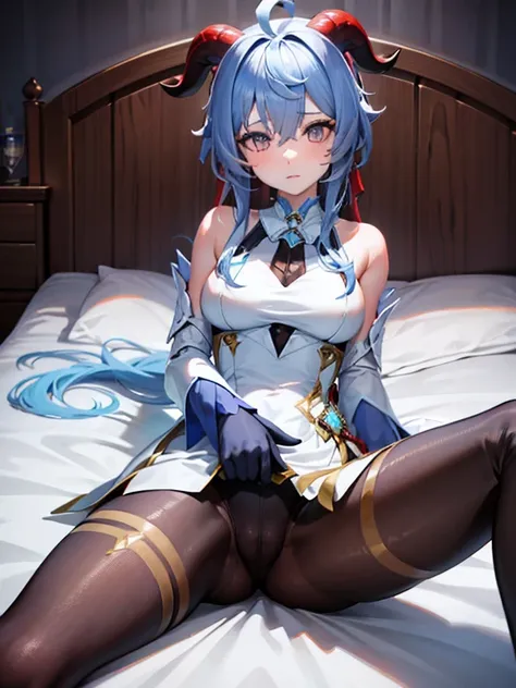 1 girl, Clean eyes, very wide eyed, pretty face, permanent , Very posture, very young, Blue ponytail long hair, red goat horns,permanent，lying on bed，graceful figures，spread legs，thin very long legs，lying on bed，spread legs，Shy face