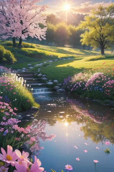 (Masterpiece, Top Quality, Best Quality, Official Art, Beauty and Aesthetics: 1.2), morning sunshine, spring scenery, dew and flowers,