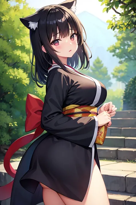 Nekomimi　kimono　big breasts　princess cut　black hair　Princess