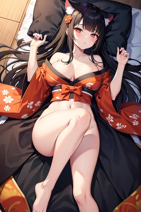 Nekomimi　kimono　big breasts　princess cut　black hair　Princess