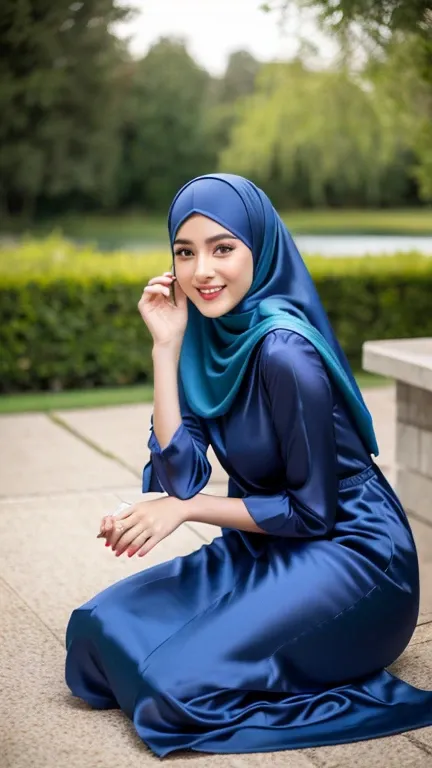 Masterpiece, realistic, best quality, best lighting, 1 pretty girl with angelic face, ((full body photo shot head to toe)), beautifully makeup, eyeshadow, Parted Lips, Detailed Eyes, beautiful big eyes, long eye lashes, smile, wearing ((Dark blue satin hea...