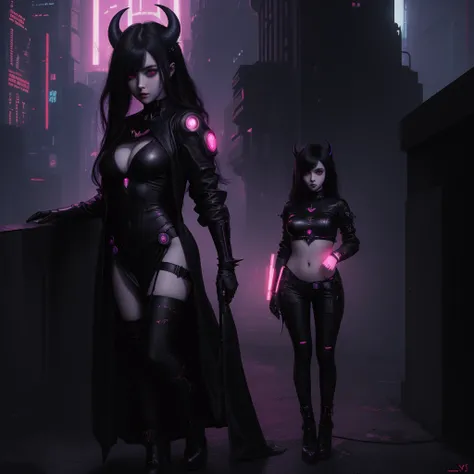 beautiful devil girl, digital painting,  cyberpunk,  dark fantasy,  neon,  black magic, big eyes, 8k,  dark,  cute,  split,  duality, full body, intricate background, 