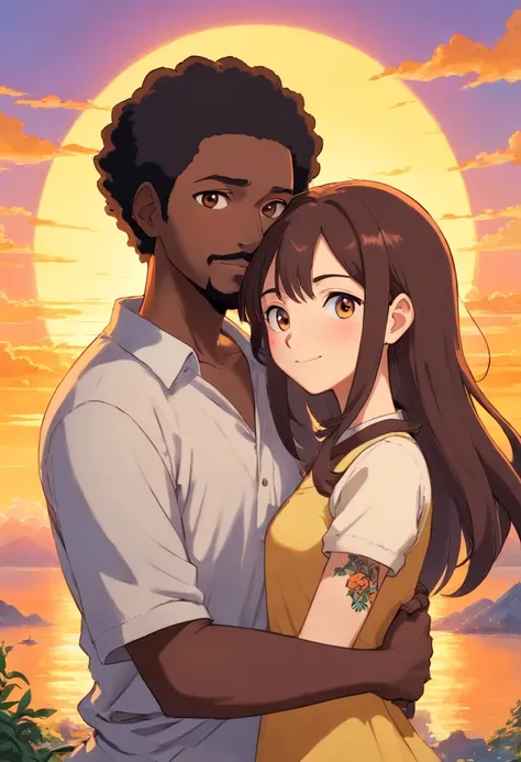 White brunette with medium hair past her shoulders woman with a “7” tattoo on her forearm and black male with a small Afro and light mustache and goatee embracing and smiling in front of a beautiful orange and yellow sunset while looking at the camera 