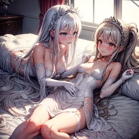 Two beautiful girls,Extra-long white hair,Shy,cry,Wedding dress,,lying on bed,bedroom,elbow gloves,Headband,hair accessories,Hairpins,bracelet,Sweating,Thin，lotion，lotion，lotion，lotion，lotion