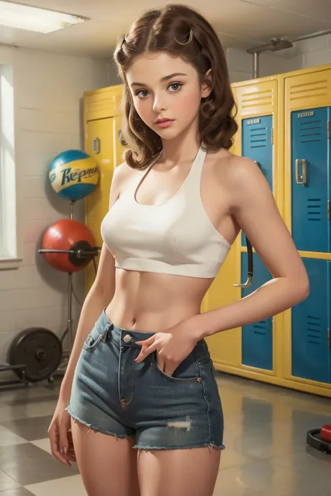 A stunning actress Thomasin McKenzie anorexic skinny lookalike teenage girl in a retro pin up style, white mini halter top and mini cutoffs , with a seductive pose and a bold attitude, vintage, retro pin up style ,sexy, surprised, medium breasts, extra ski...