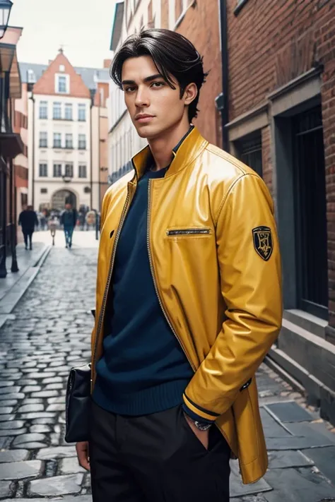 A brunette man, 1.76 tall, black hair, dark eyes, tapered nose, athletic body, light scar on his hand, on a cobblestone road, houses with apparent bricks in shades of white, blue and yellow, on a sunny day. With richness of detail and main focus on man.  