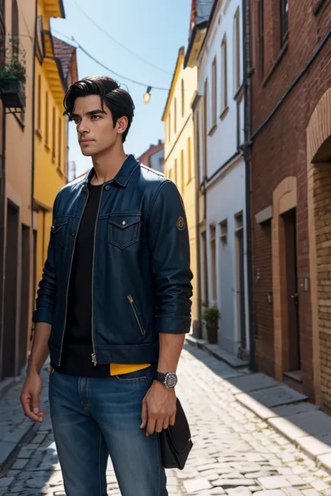 A brunette man, 1.76 tall, black hair, dark eyes, tapered nose, athletic body, light scar on his hand, on a cobblestone road, houses with apparent bricks in shades of white, blue and yellow, on a sunny day. With richness of detail and main focus on man.  