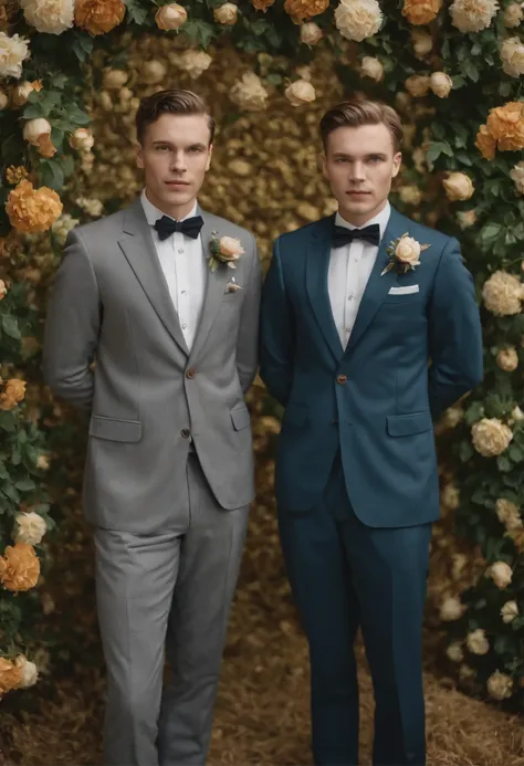 35mm f1.4 retro photo of full body of two mans in the sartorial suits, retro background, t-shirt, retro style, floral background, floral ornaments, creative, cinematic tone