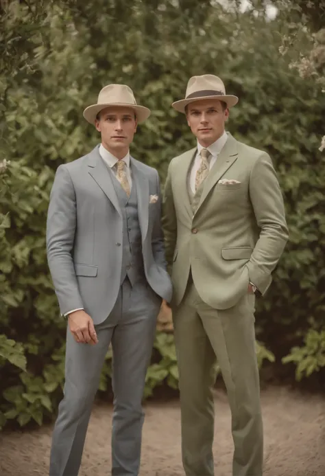 35mm f1.4 retro photo of full body of two mans in the sartorial suits, retro background, t-shirt, retro style, floral background, floral ornaments, creative, cinematic tone