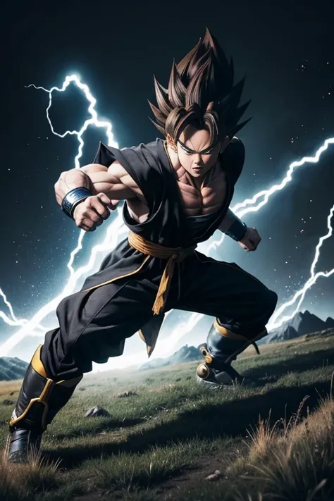 Supreme Super Saiyan, tall hair, brown hair, black and white clothing, clothing with blue lines, DBZM Dragon Ball, stunning aura, lots of action, black clothes with gray, lots of Ki energy, grass background, robotic