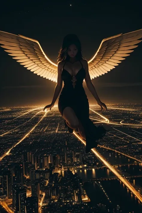 This image depicts an angel woman hovering over a city at night. The city lights create a golden and dramatic atmosphere, while its delicate presence and dark wings contrast with the urban environment. The woman seems protective and vigilant.