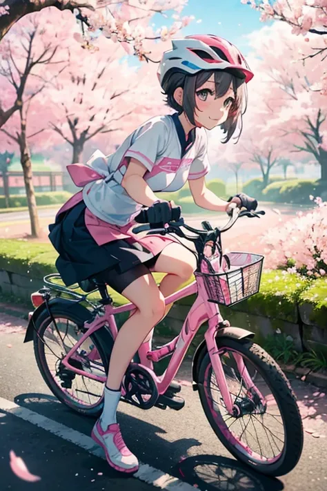 bike down the hill,japanese animation,cinematic,sunlight,Elegant girl Japanese,nice face,Take a smile,Happgo White Pink Blue Cycle Jersey,)Please wear a bicycle helmet,big breast,( Gray-pink two-tone shorthair,)Cherry blossom with falling petals,detailed h...