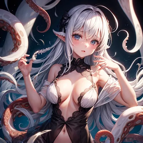 2d girl，Milk flows from the corners of the mouth，Octopus tentacles are entangled，，Tied by a rope，Lace-edged black silk，shy