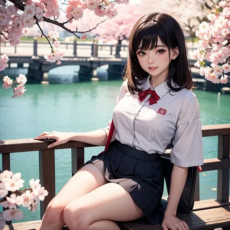 retro pictures, 1960s , AGFA, Kodak, 1 girl, portrait, looking for_in_viewer, smile, Japan, Tokyo, Cherry Blossom, octane rendering, 一人in, rtrophto1, Sit on a chair and open legs, uniform, muste piece, 8k, detailed details