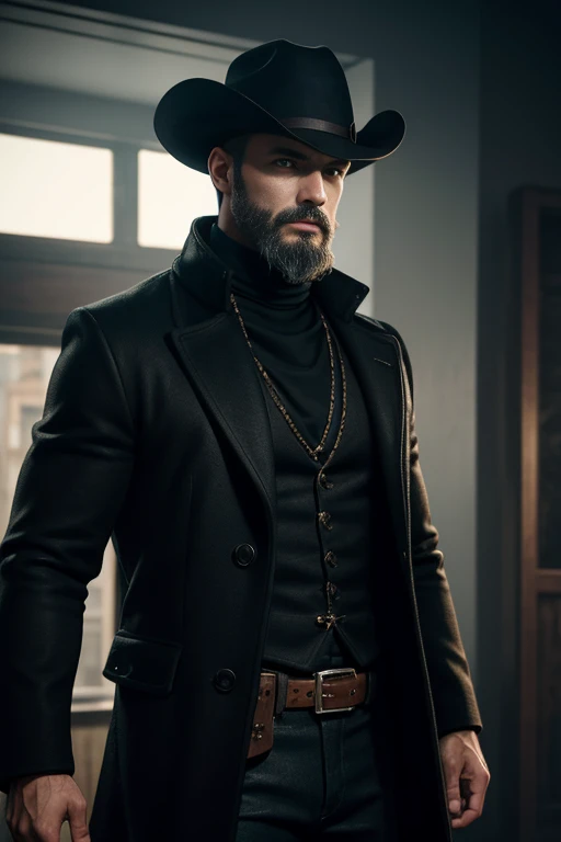 1boy, cowboy shot of re8dfield, beard, facial hair, black coat, turtleneck, volumetric lighting, best quality, masterpiece, intricate details, tonemapping, sharp focus, hyper detailed, trending on Artstation, looking at viewer, realistic 