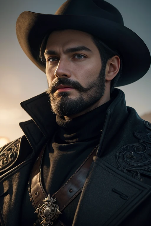 1boy, cowboy shot of re8dfield, beard, facial hair, black coat, turtleneck, volumetric lighting, best quality, masterpiece, intricate details, tonemapping, sharp focus, hyper detailed, trending on Artstation, looking at viewer, realistic 