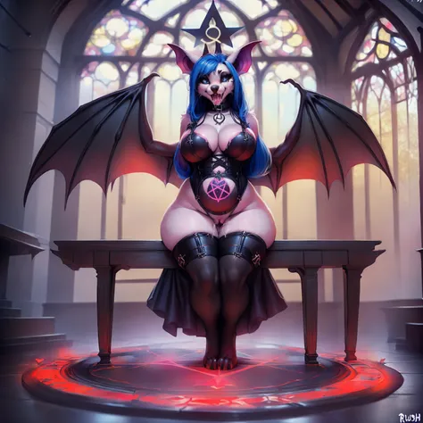 2 Fat voluptuous big thighs females bat girls in bondage gear having  with female for satanic ritual (she   with female on pentagram ((((nsfw)))), uploaded the e621, beautiful and detailed,woman (((female))) ((anthro)) ((bat)), Ross Tran, by ruan jia, by z...