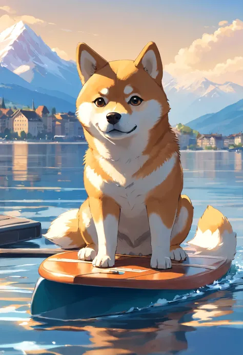 shiba inu dog, small, on a brown paddle, next to the Geneva jet on Lake Geneva, Mont Blanc in the background, very high precision and quality of the image