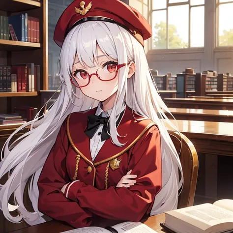 16-year-old girl，Upper body photos，long white hair，golden-framed glasses，red pupillack school uniform，library