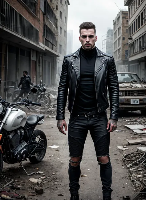 hyperrealistic photo, RAW professional photos,  1 boy, Tough guy portrait, Wearing a biker jacket, look at the audience, complex, elegant, Very detailed, arrogant, Post-apocalyptic city ruins background, Very detailed, 8k