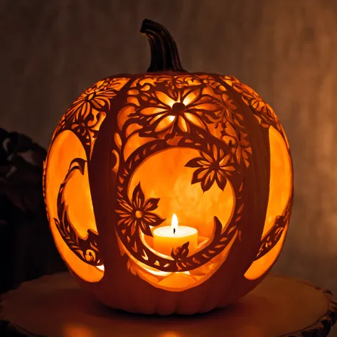 a lantern carved out of a pumpkin, artistic, floral carvings, all orange color, clean lines, candle inside, ambient light