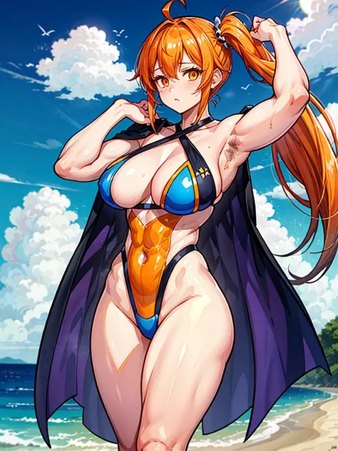 （（（masterpiece、Highest image quality、highest quality、highly detailed unity 8ｋwallpaper）））、（（Illustration of one girl））、（（（beautiful girl）））、（（orange hair、side ponytail、sidelocks：1.4、orange eyes））、（（stocky build, thickset physique：1.3, muscular legs, broad ...